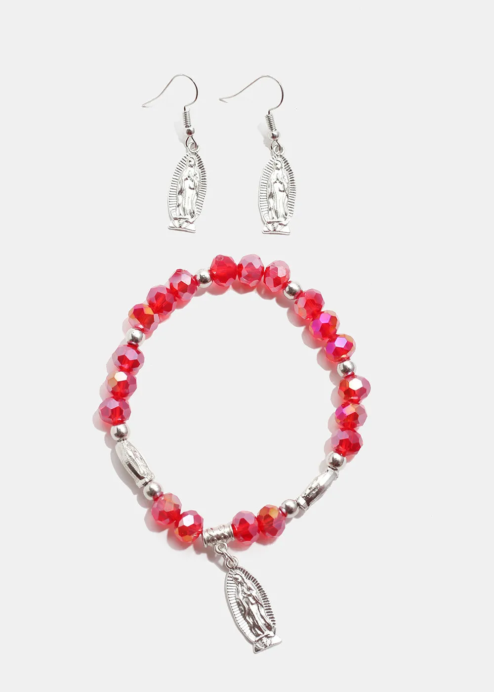 Red Virgin Mary Bead Bracelet & Earring Set