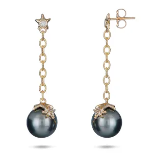 Reefs Starfish Tahitian Black Pearl Earrings in Gold with Diamonds - 10-11mm