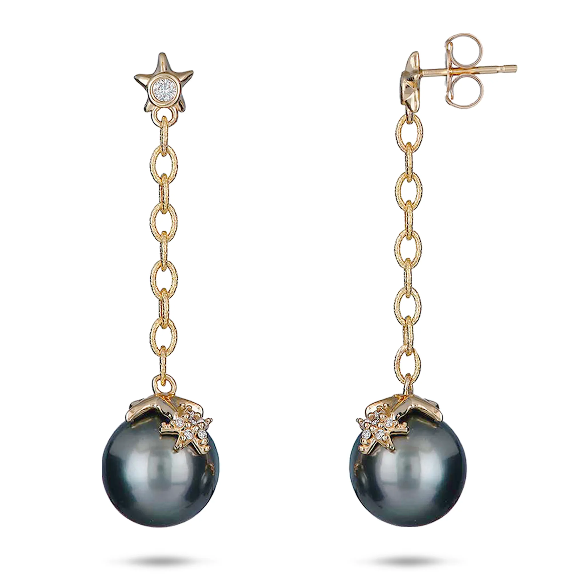 Reefs Starfish Tahitian Black Pearl Earrings in Gold with Diamonds - 10-11mm
