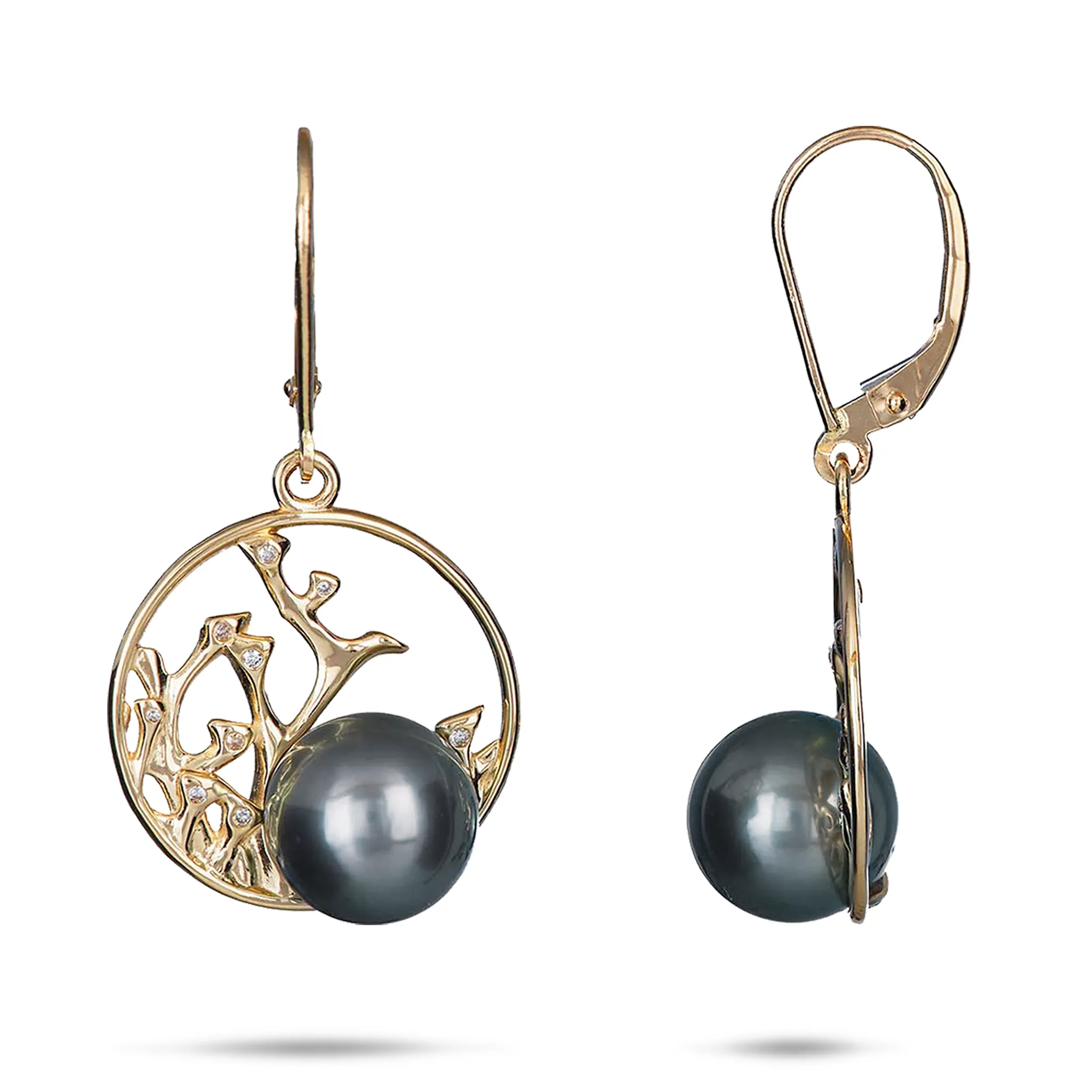Reefs Tahitian Black Pearl Earrings in Gold with Diamonds - 9-10mm