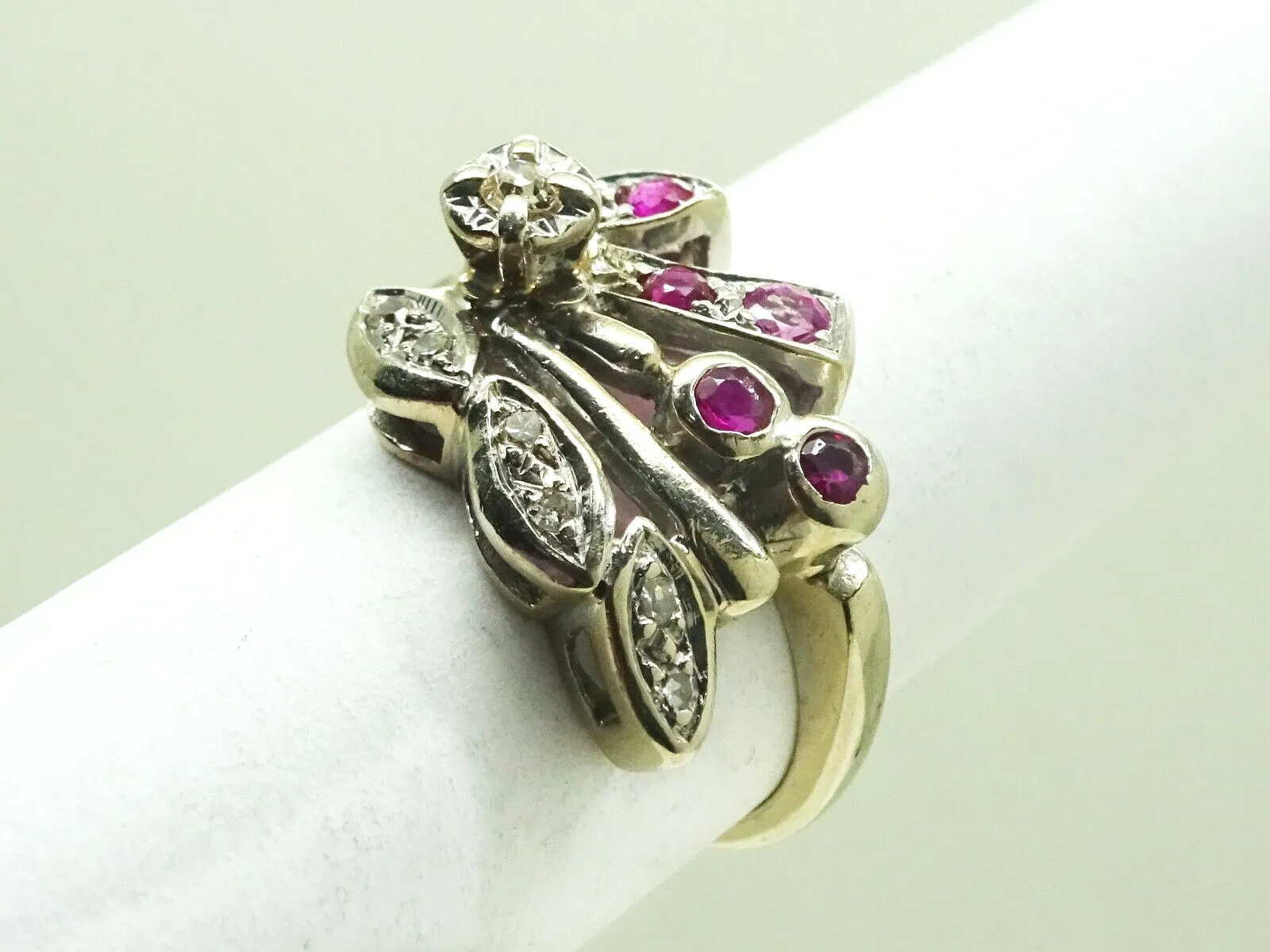 Retro Vintage 0.33ct tw Natural Ruby & Diamond Ring 14k White Gold Size 4.5