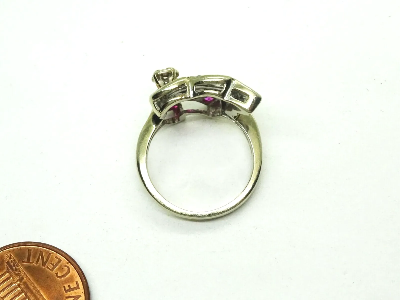 Retro Vintage 0.33ct tw Natural Ruby & Diamond Ring 14k White Gold Size 4.5