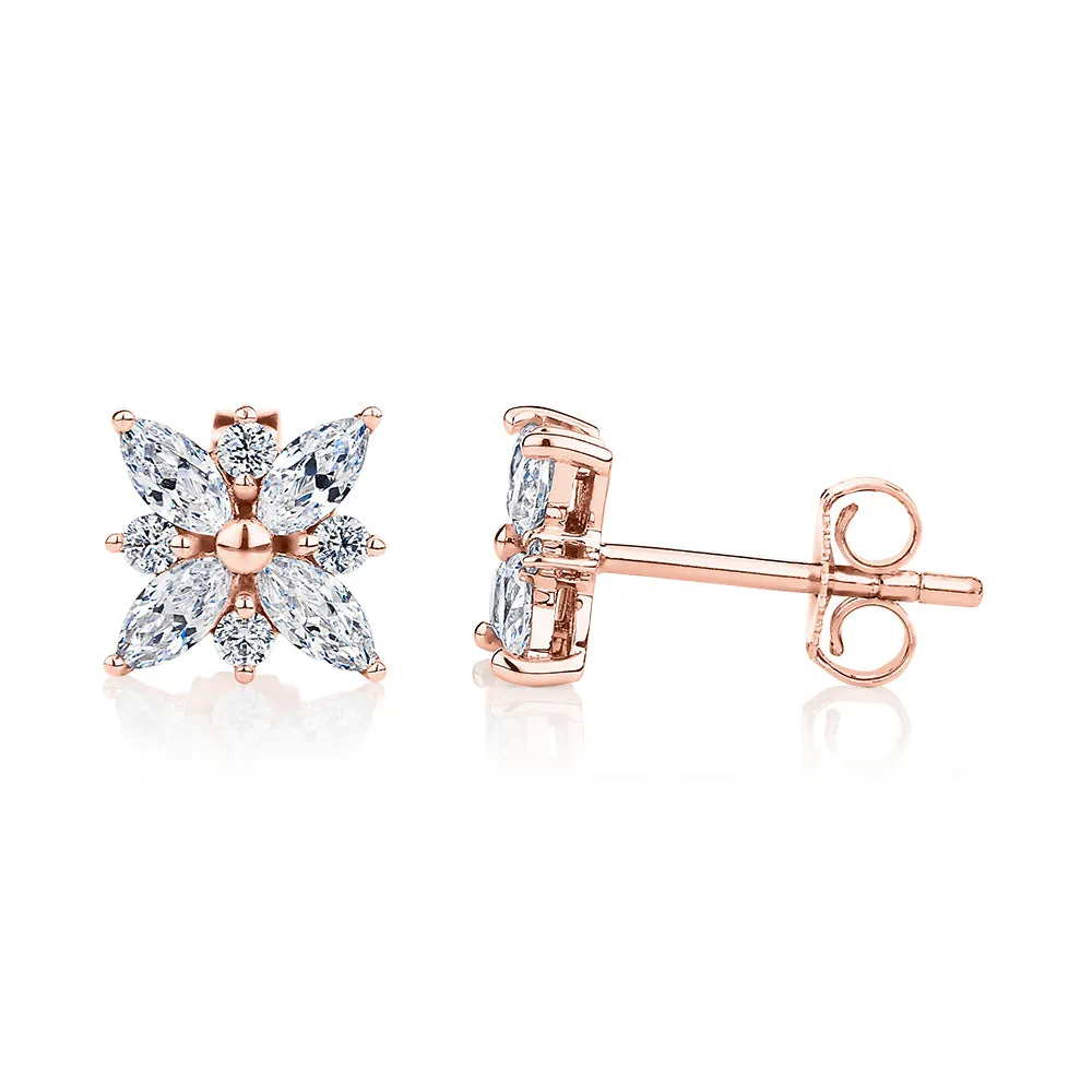Round Brilliant and Marquise stud earrings with 0.84 carats* of diamond simulants in 10 carat rose gold