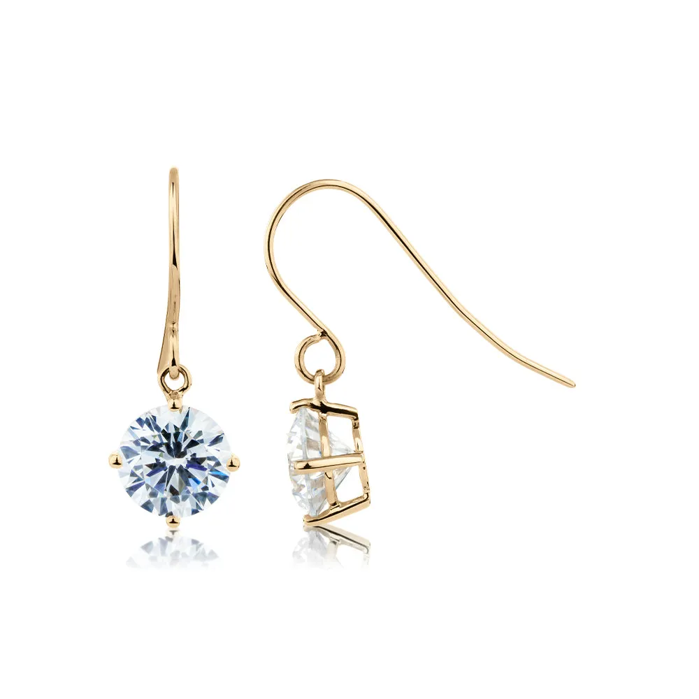 Round Brilliant drop earrings with 2 carats* of diamond simulants in 10 carat yellow gold