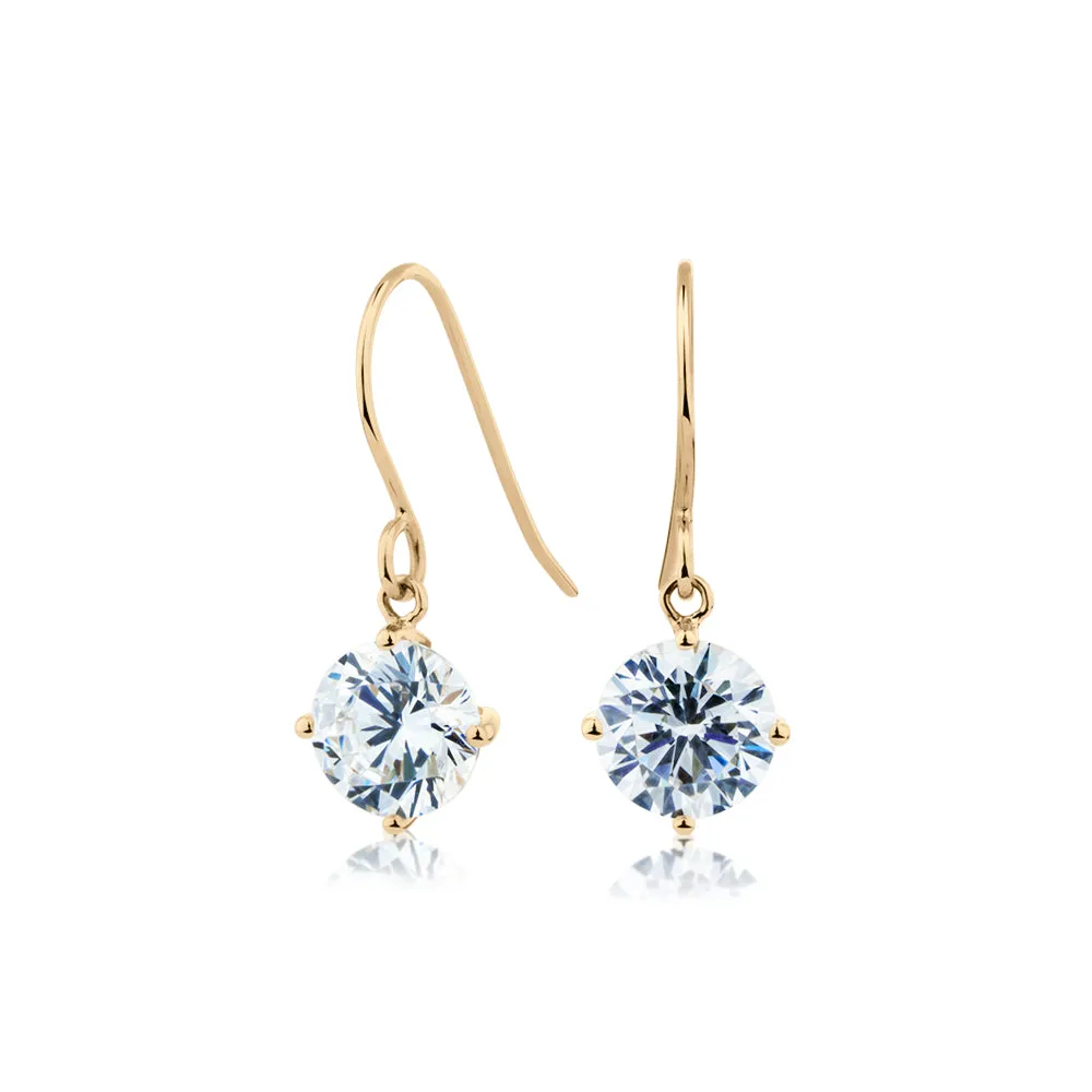Round Brilliant drop earrings with 2 carats* of diamond simulants in 10 carat yellow gold