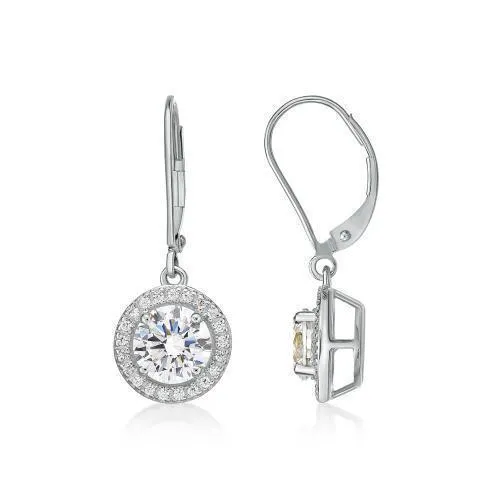 Round Brilliant halo drop earrings with 2.27 carats* of diamond simulants in 10 carat white gold