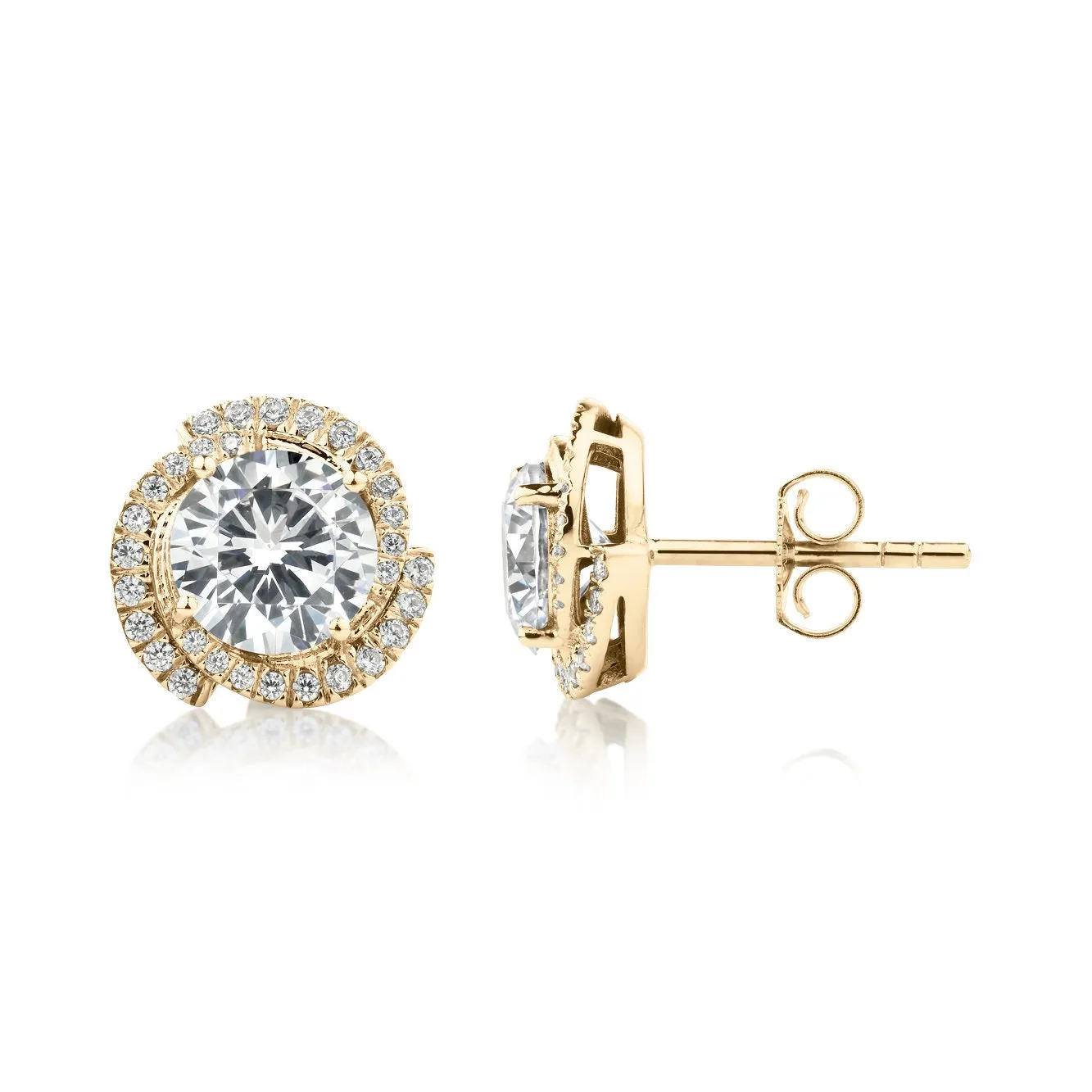 Round Brilliant halo stud earrings with 2.27 carats* of diamond simulants in 10 carat yellow gold