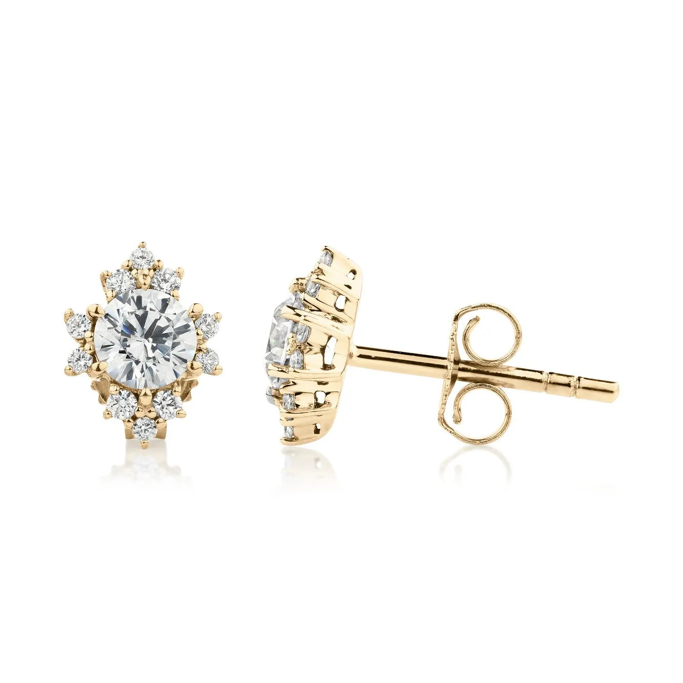 Round Brilliant stud earrings with 0.6 carats* of diamond simulants in 10 carat yellow gold