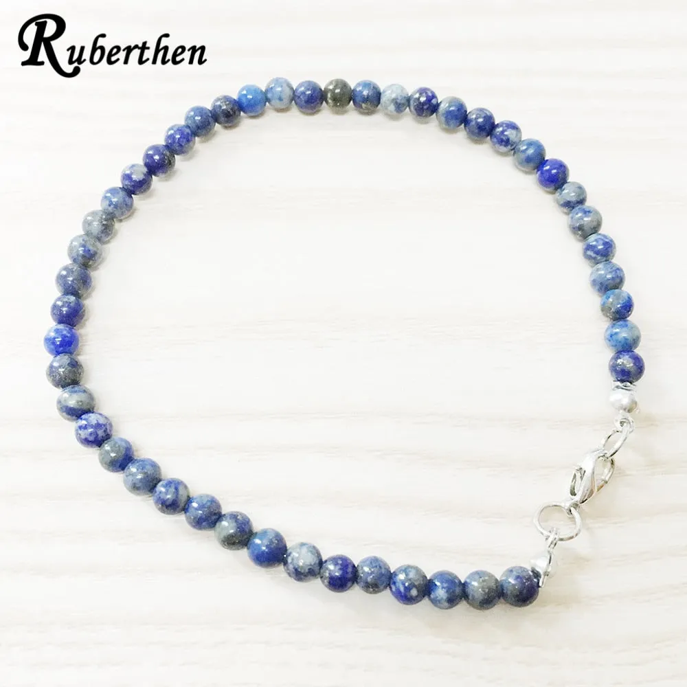 Ruberthen Lapis Lazuli Anklet 4 mm Natural Stone Bracelet Mini Gem Stone Energy Jewelry