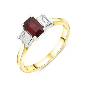 RUBY RING 18CT WHITE GOLD 0.75CT RUBY DIAMOND EMERALD CUT THREE STONE RING