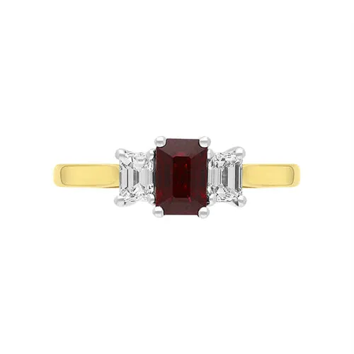 RUBY RING 18CT WHITE GOLD 0.75CT RUBY DIAMOND EMERALD CUT THREE STONE RING
