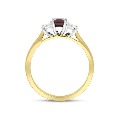 RUBY RING 18CT WHITE GOLD 0.75CT RUBY DIAMOND EMERALD CUT THREE STONE RING