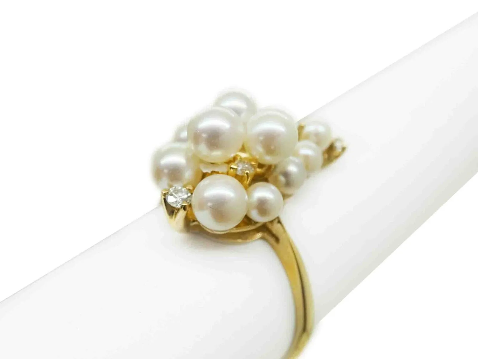 Saltwater Pearl Bubble Cluster & Diamond Accent Band Ring 14k Gold Size 8