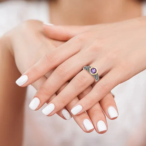 Shey Couture Sterling Silver with 14K Accent Antiqued Round Bezel Amethyst Ring