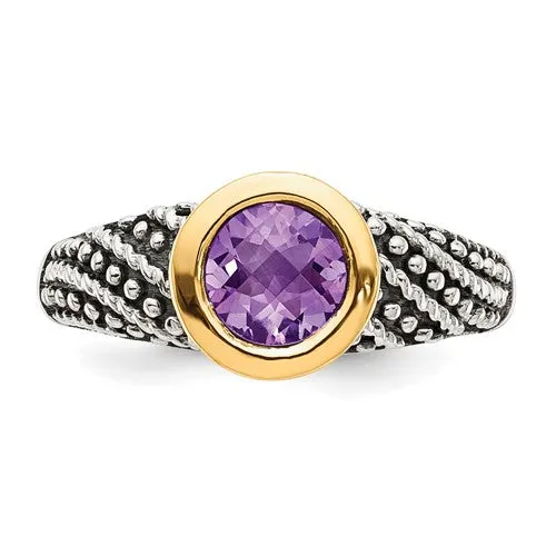 Shey Couture Sterling Silver with 14K Accent Antiqued Round Bezel Amethyst Ring