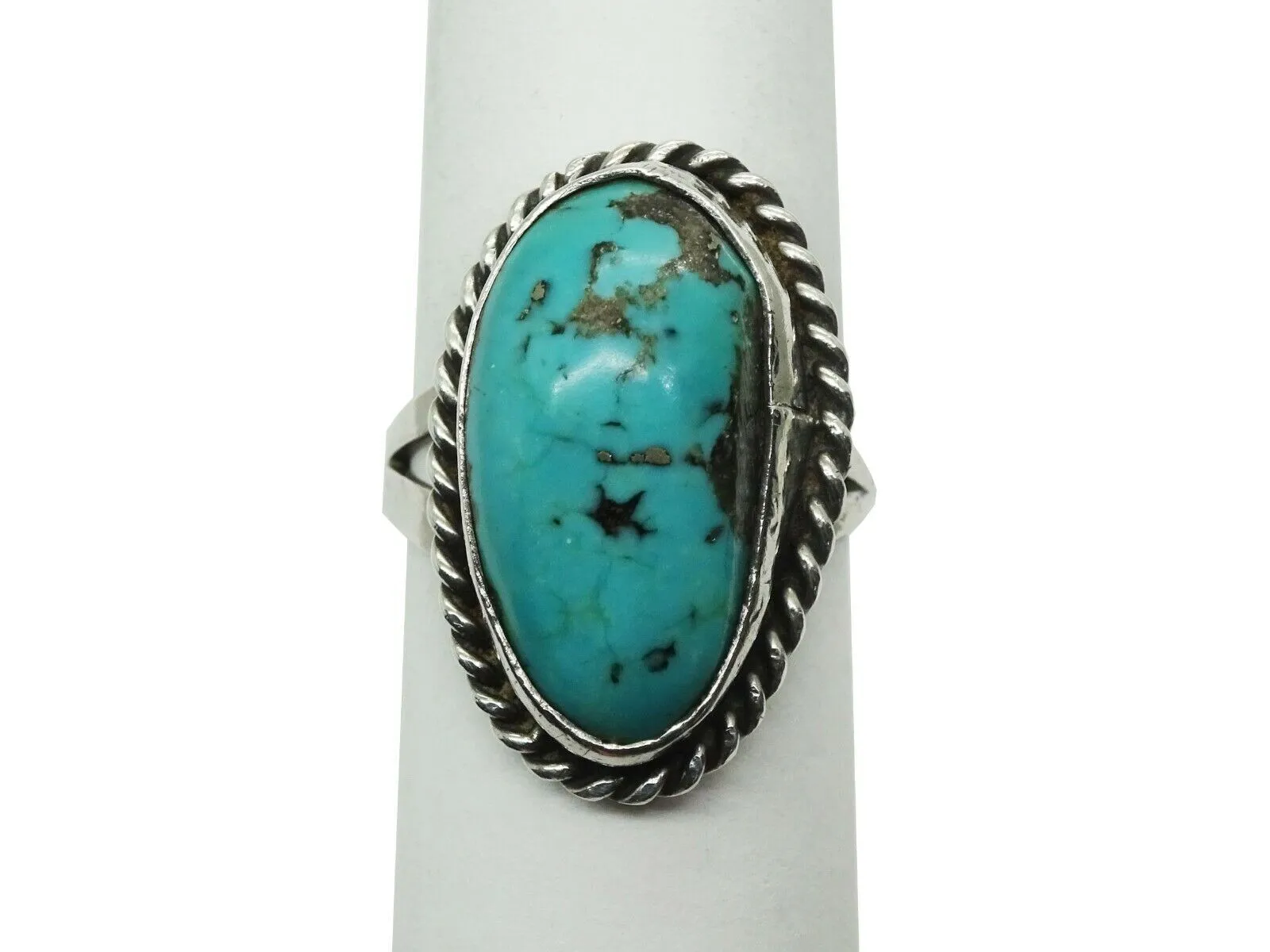 Southwestern Oval Turquoise Solitaire Split Shank Ring Sterling Silver Size 7.25