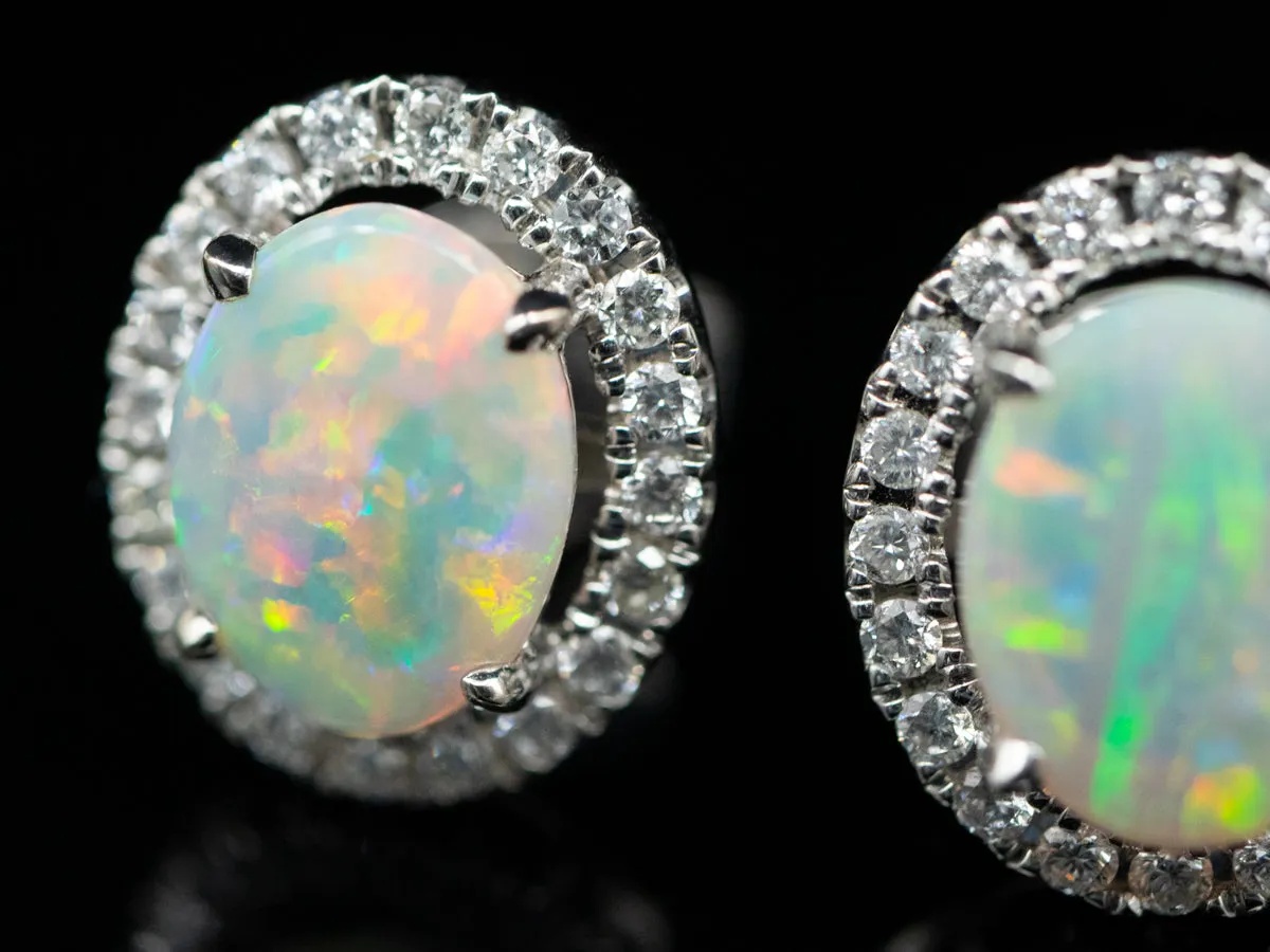 Sparkling Opal and Diamond Halo Stud Earrings
