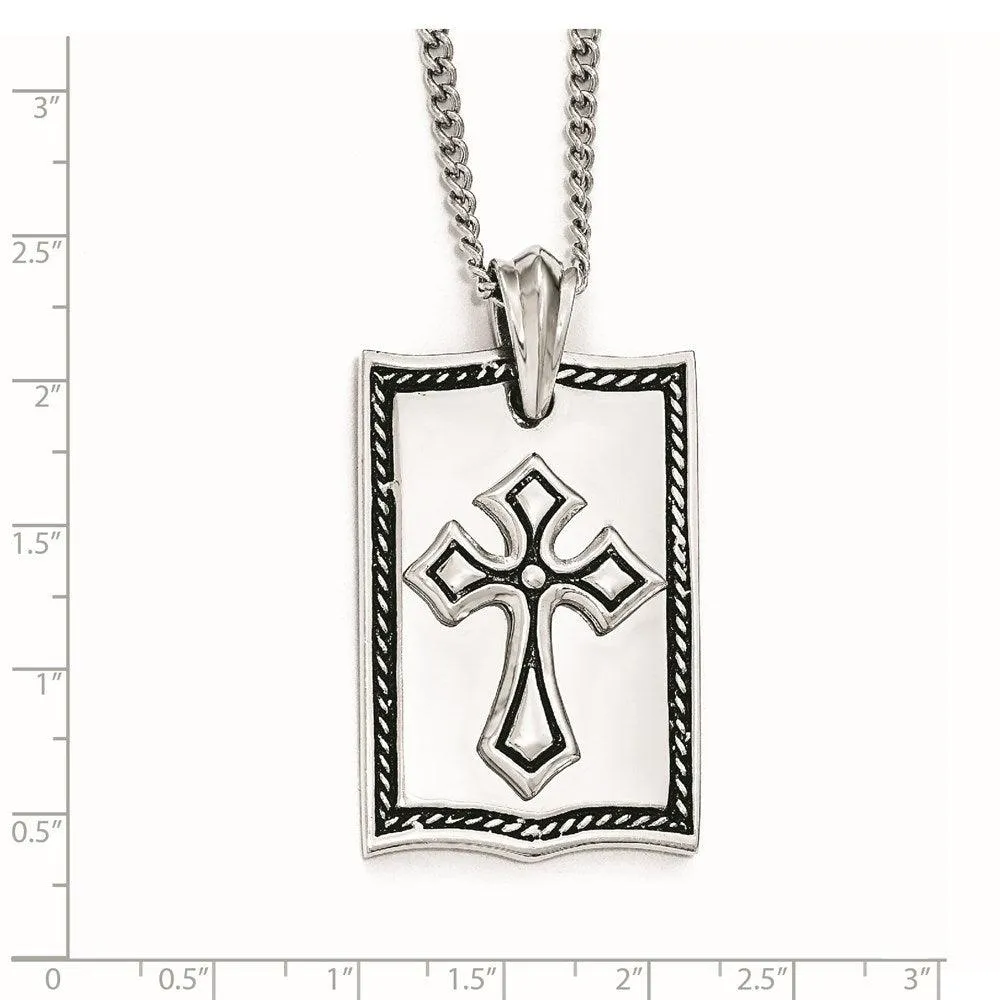 Stainless Steel Antiqued Cross Dog Tag Necklace