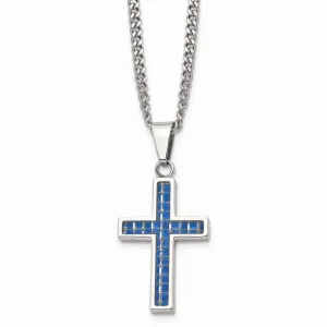 Stainless Steel Blue Carbon Fiber Inlay Polished Small Cross Necklace