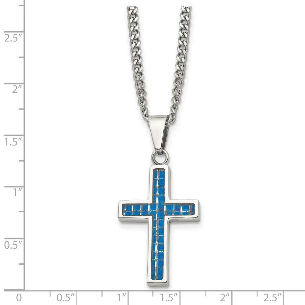 Stainless Steel Blue Carbon Fiber Inlay Polished Small Cross Necklace