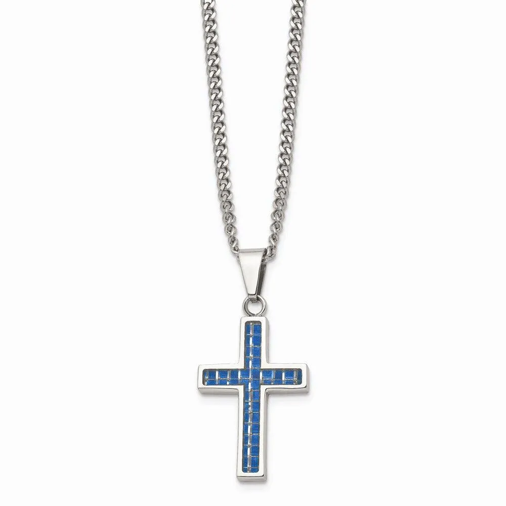 Stainless Steel Blue Carbon Fiber Inlay Polished Small Cross Necklace