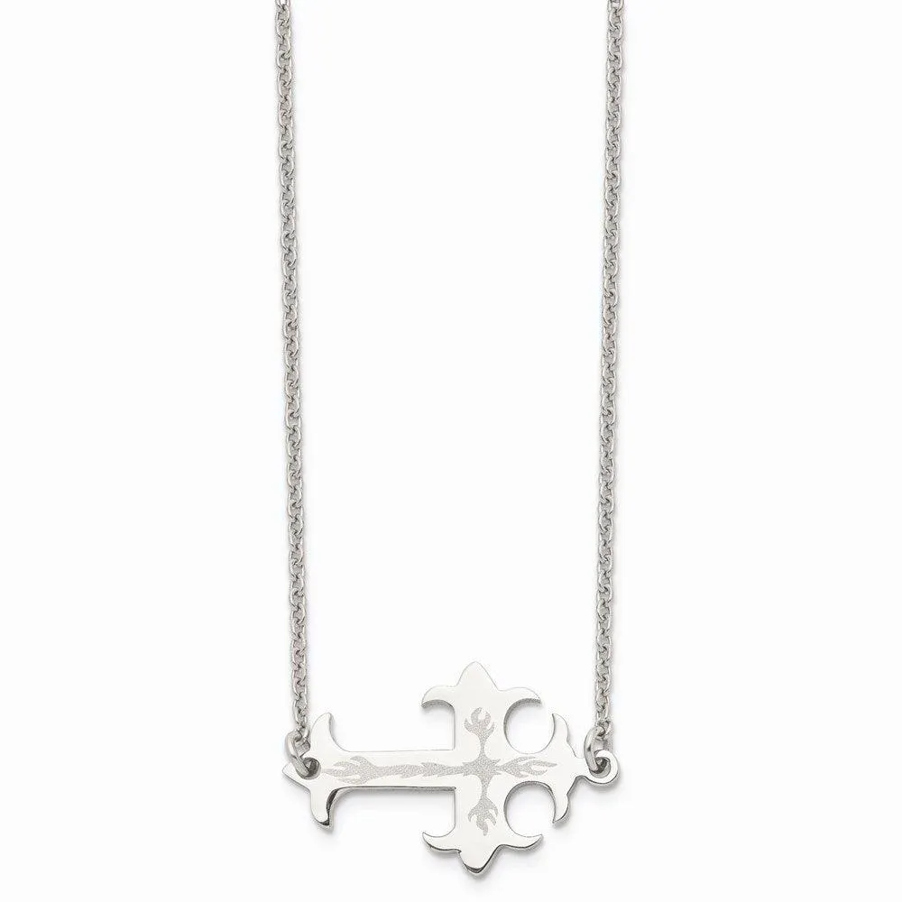 Stainless Steel Brushed & Polished Sideways Cross Necklace