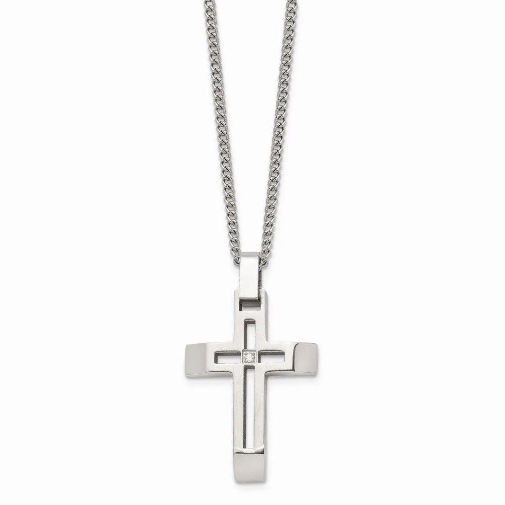 Stainless Steel Brushed and Polished Cross with CZ Necklace
