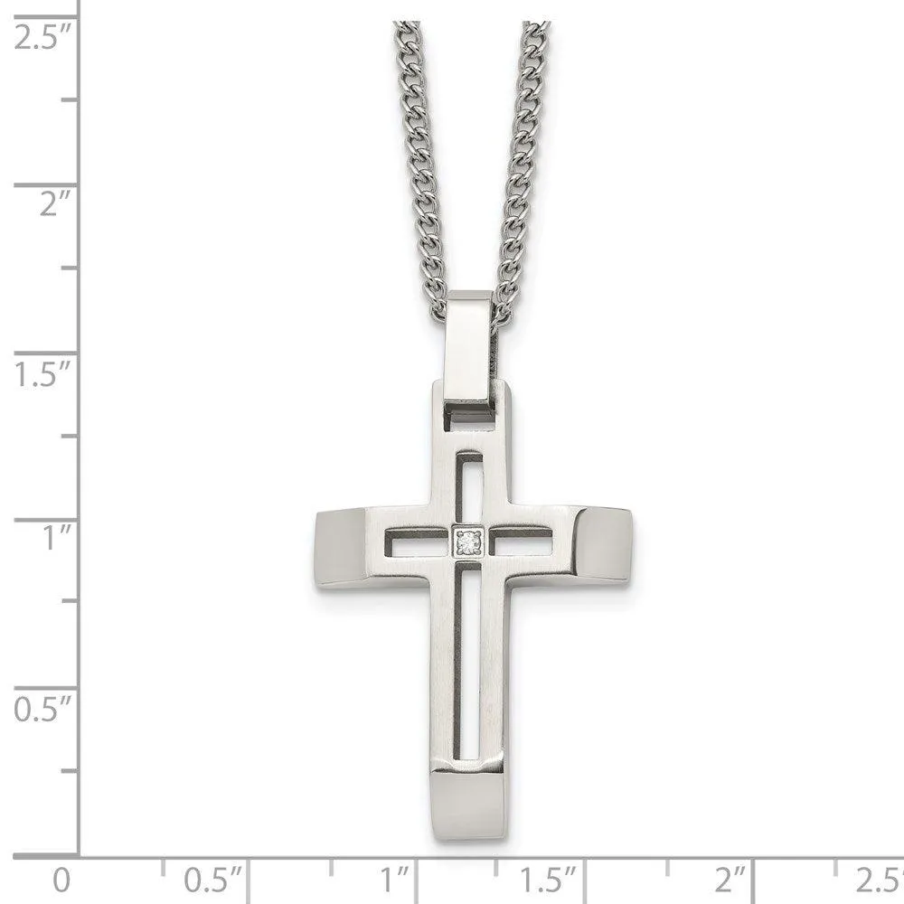 Stainless Steel Brushed and Polished Cross with CZ Necklace