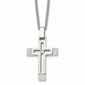 Stainless Steel Brushed and Polished Cross with CZ Necklace