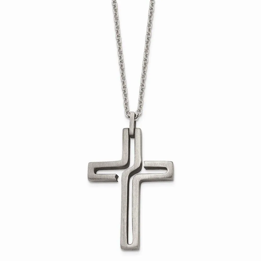 Stainless Steel Brushed Antiqued Cross Necklace