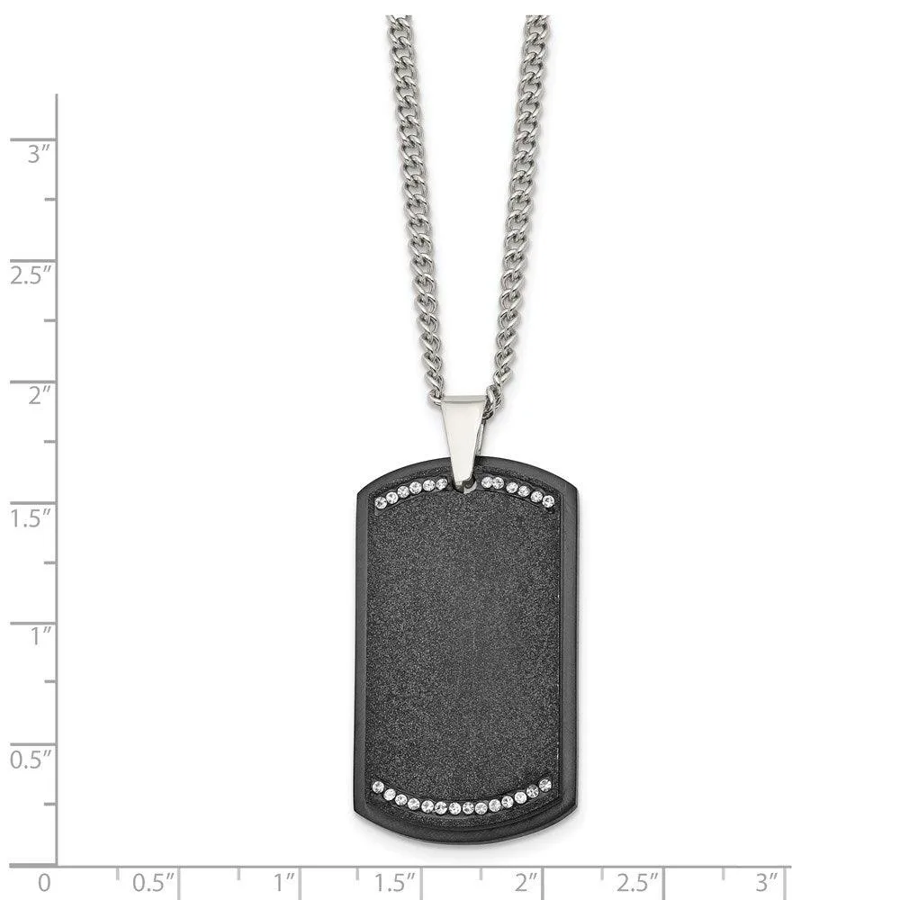 Stainless Steel Brushed LaserCut Black IP Plated CZ Dogtag Necklace