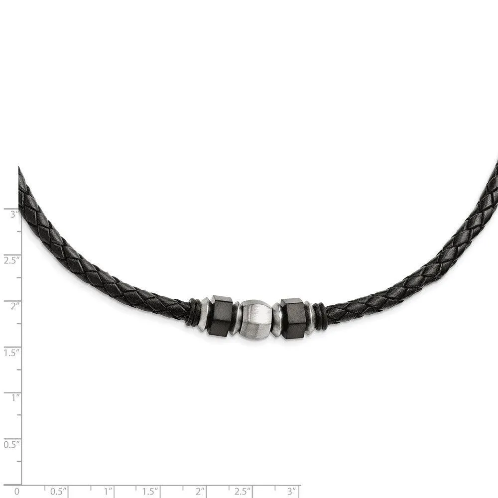Stainless Steel Brushed Leather Black IP-plated & Rubber Necklace