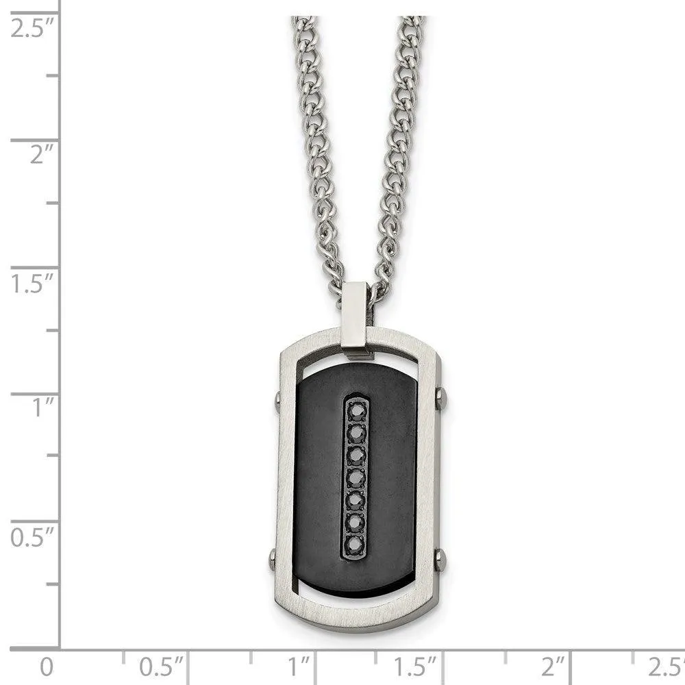Stainless Steel Brushed/Polished Black IP Center Black CZ Tag Necklace