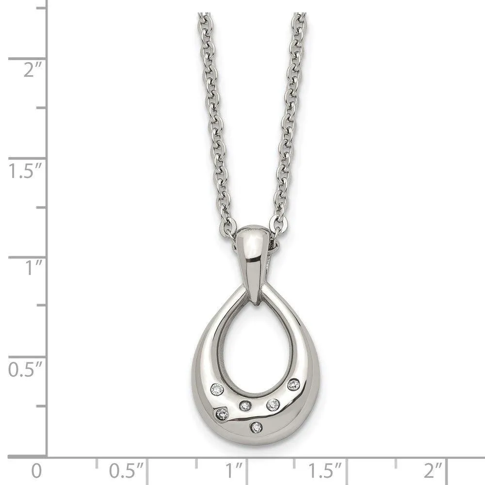 Stainless Steel CZ Teardrop Polished Necklace