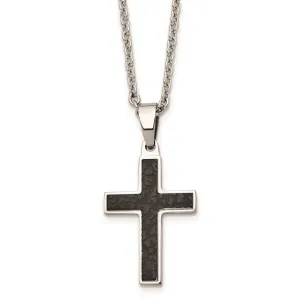 Stainless Steel Polished and Textured Black IP-plated Cross Necklace