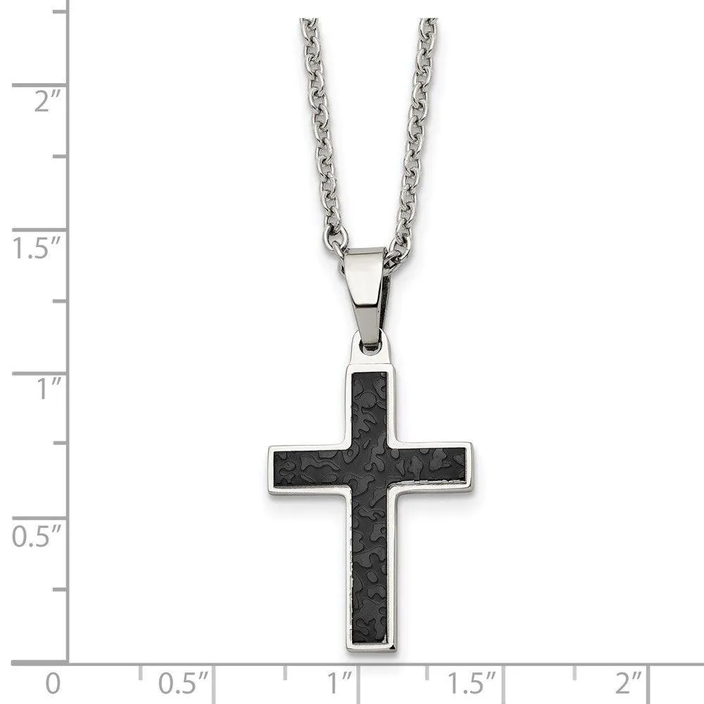 Stainless Steel Polished and Textured Black IP-plated Cross Necklace