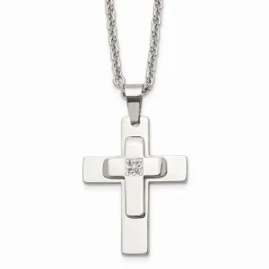 Stainless Steel Polished CZ Cross Necklace