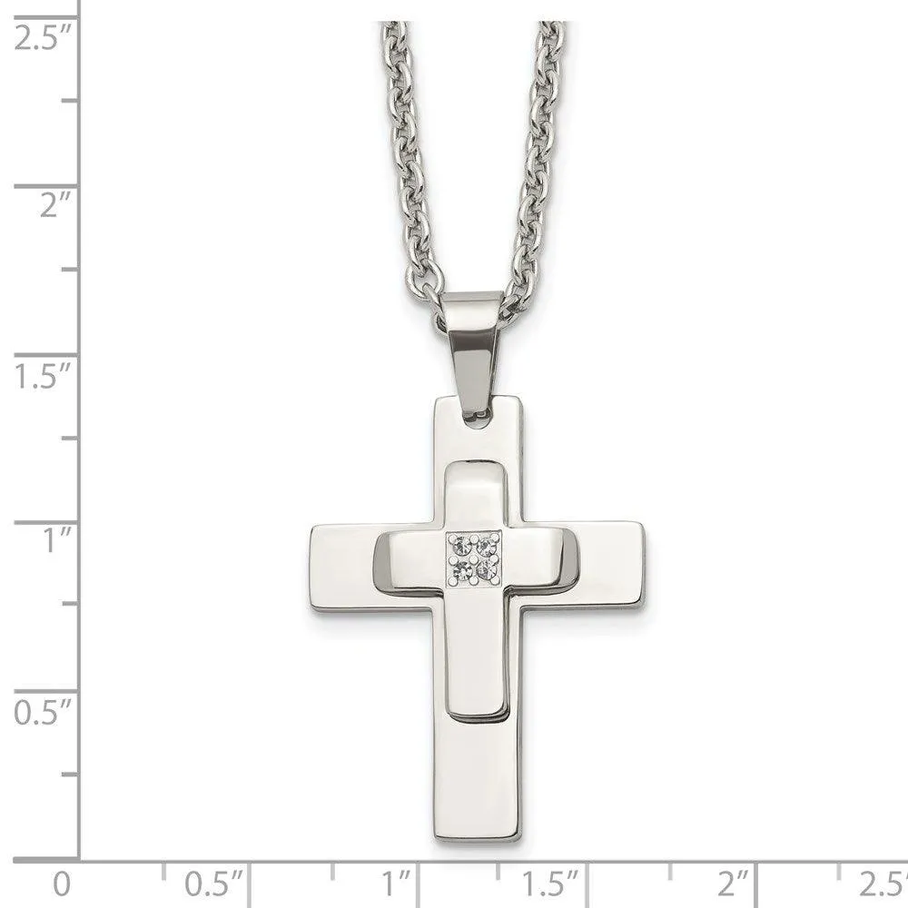 Stainless Steel Polished CZ Cross Necklace
