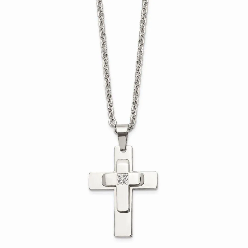 Stainless Steel Polished CZ Cross Necklace