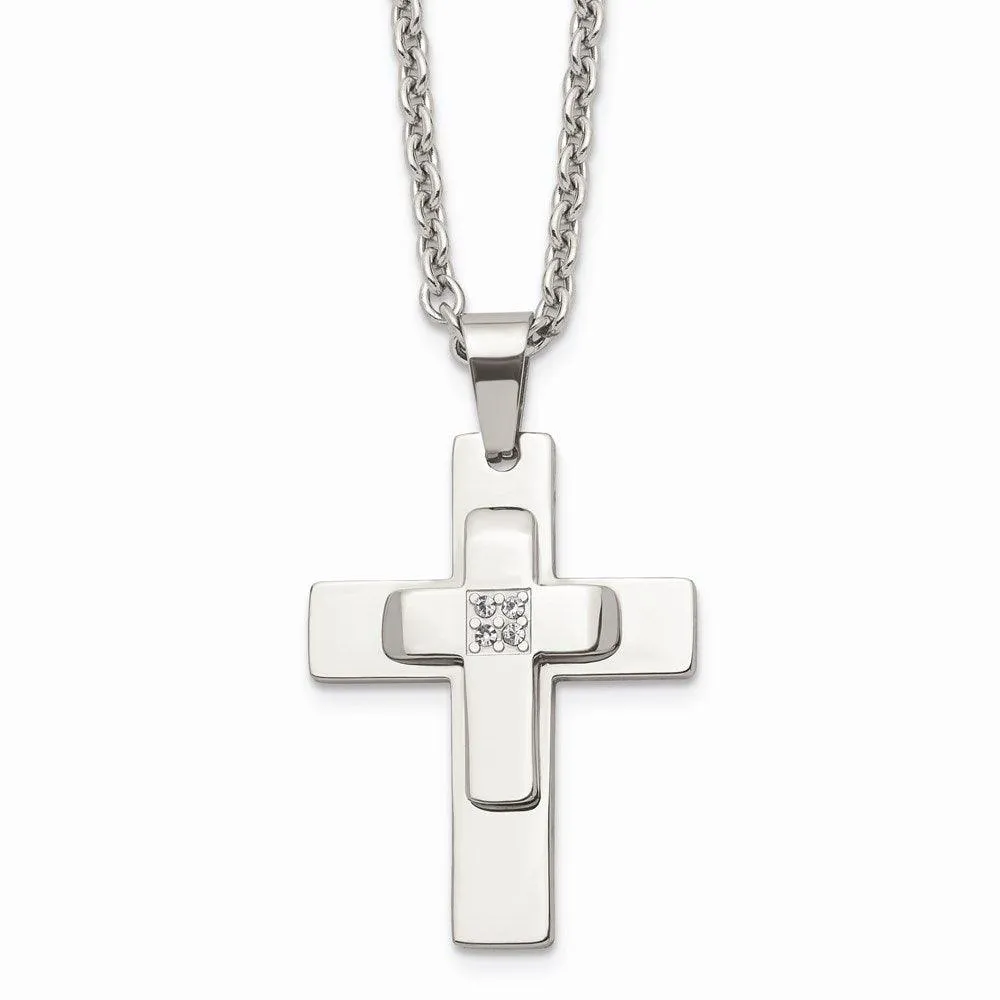 Stainless Steel Polished CZ Cross Necklace