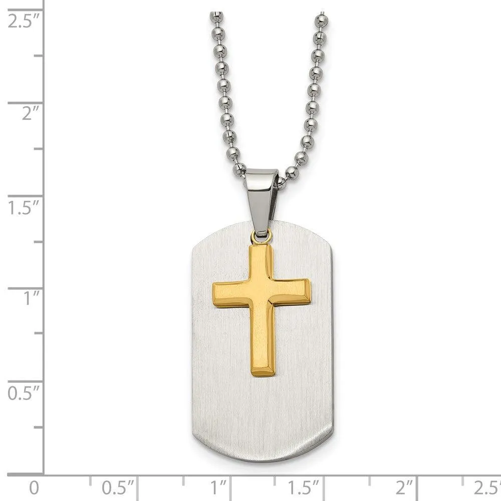 Stainless Steel Polished Dog Tag Yellow IP-plated Brushed Cross Necklace