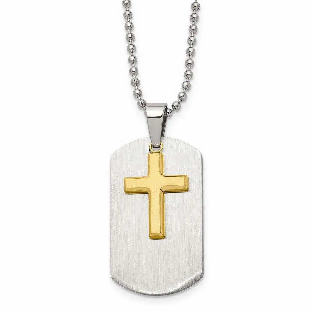 Stainless Steel Polished Dog Tag Yellow IP-plated Brushed Cross Necklace