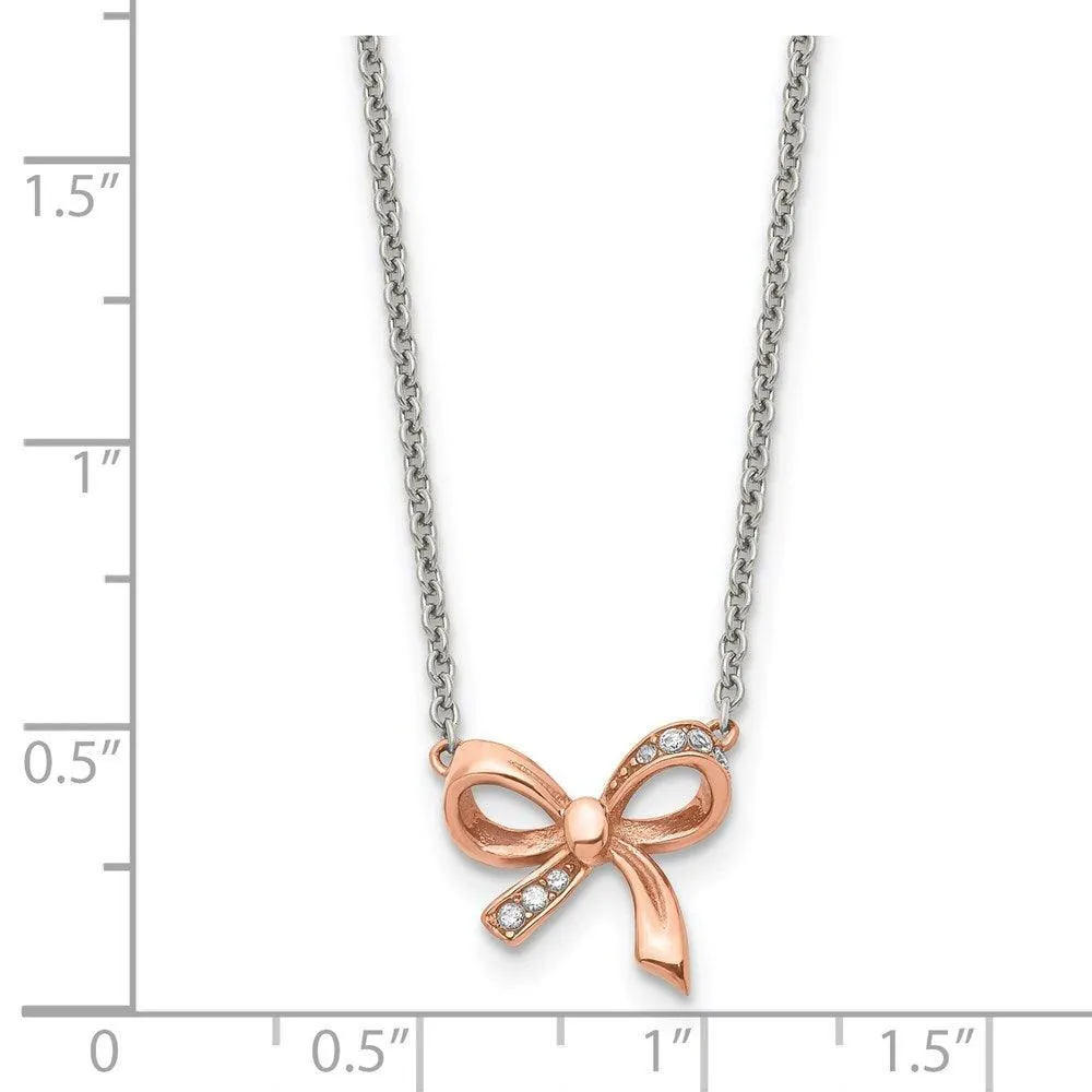 Stainless Steel Polished Pink IP plated CZ Bow with 1.75in ext. Necklace