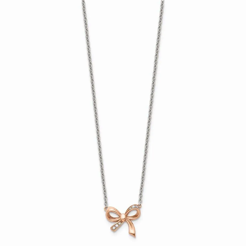 Stainless Steel Polished Pink IP plated CZ Bow with 1.75in ext. Necklace