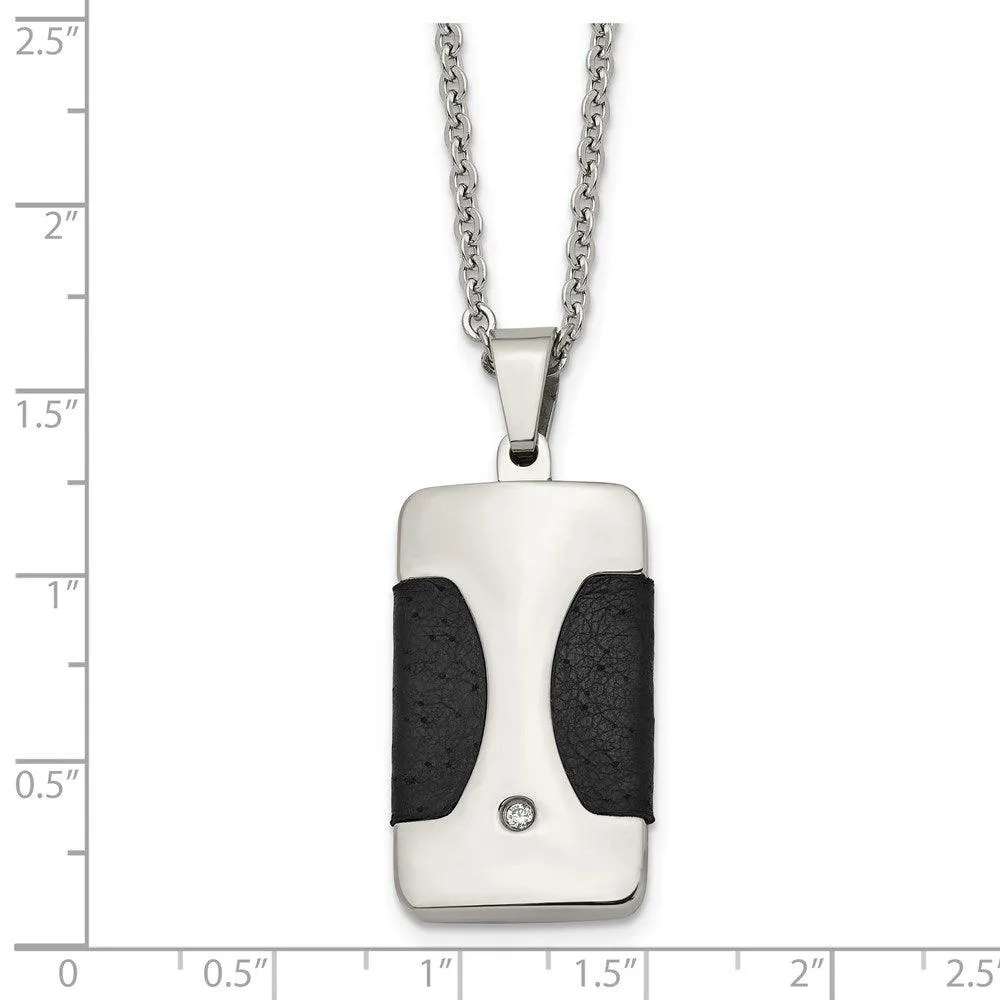 Stainless Steel Polished w/ CZ & Leather Reversible Inlay Necklace