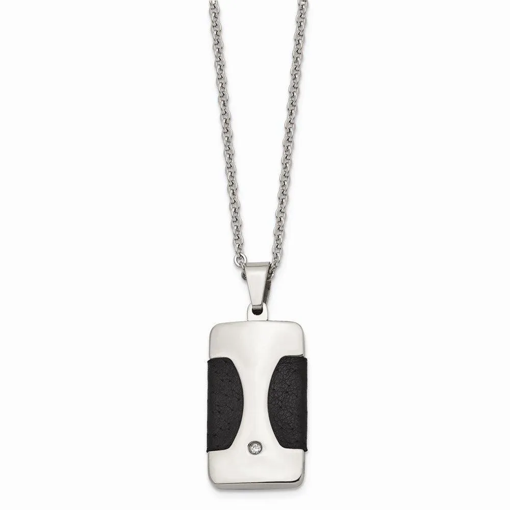 Stainless Steel Polished w/ CZ & Leather Reversible Inlay Necklace