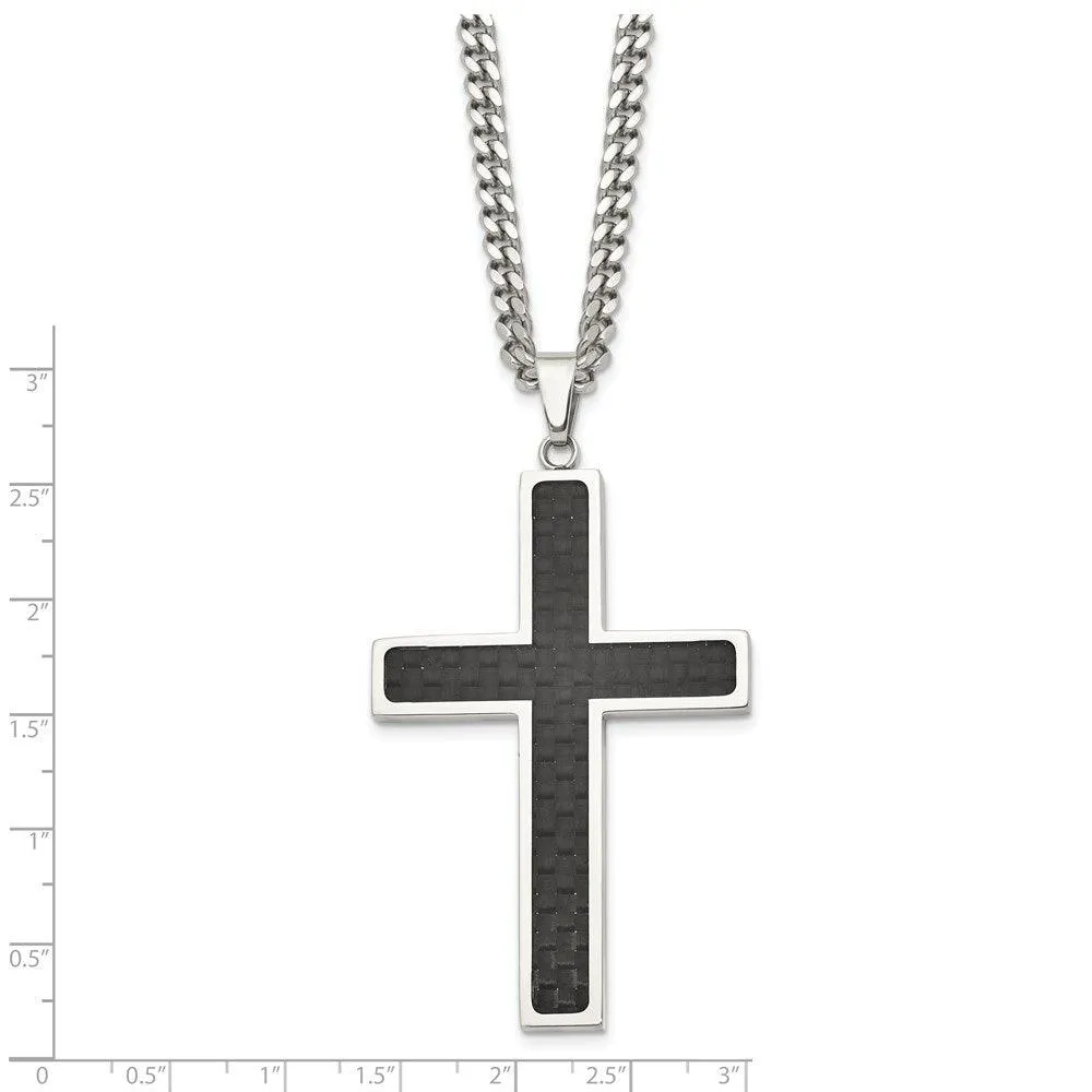 Stainless Steel Polished w/Black Carbon Fiber Cross 24in Necklace