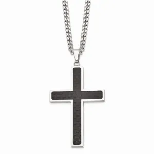 Stainless Steel Polished w/Black Carbon Fiber Cross 24in Necklace