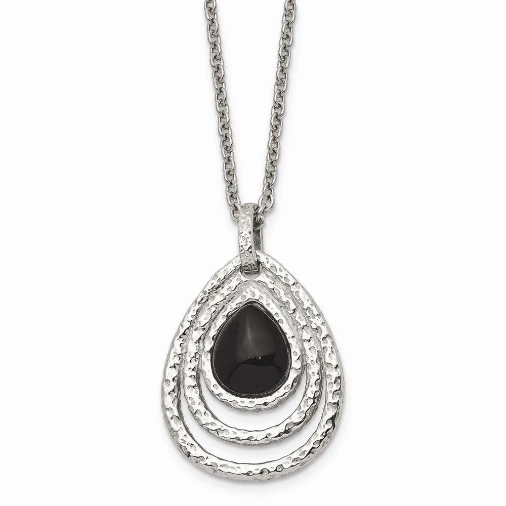 Stainless Steel Polished/Textured Black Onyx w/2in ext. Necklace