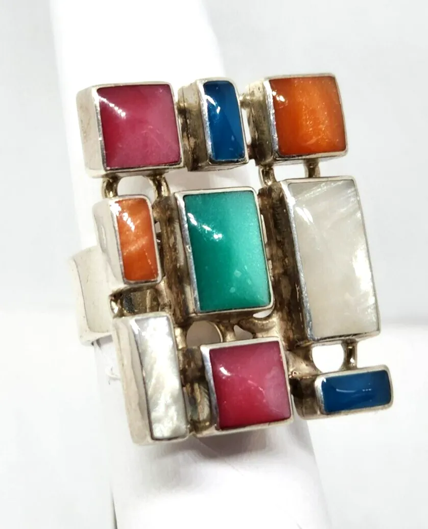 Sterling Silver Multi-Color Gemstone Ring, Size 8